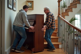 Deux hommes déplacent un piano droit dans une maison chaleureuse