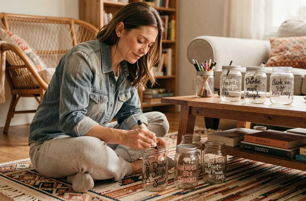 Femme assise par terre en train de décorer des bocaux en verre au marqueur craie pour créer des organisateurs DIY décoratifs dans un salon bohème