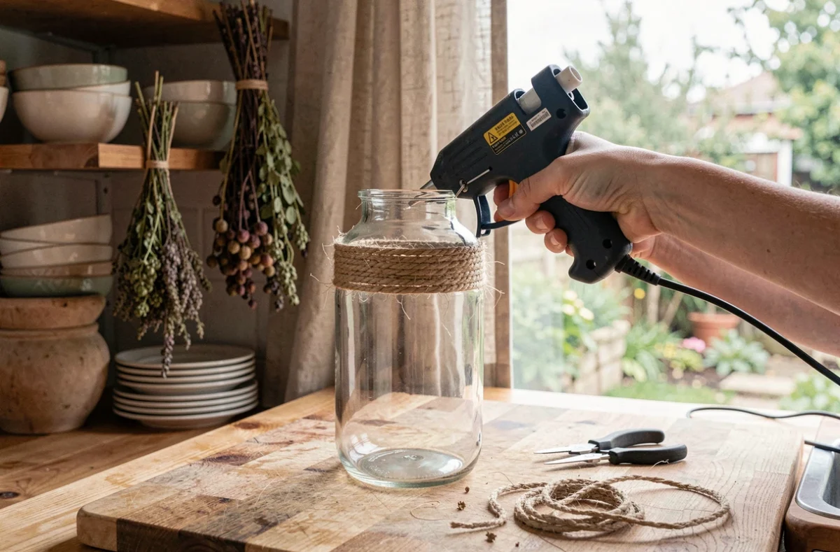 Mains de femme collant de la corde en jute autour d'un vase en verre pour une décoration DIY rapide faite maison dans une cuisine