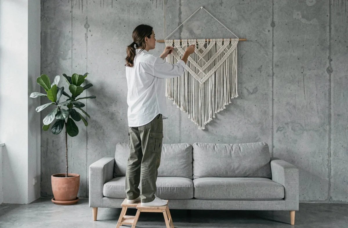 Femme accrochant des panneaux de macramé DIY faits main sur un mur béton dans un salon de style scandinave minimaliste
