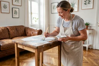 Femme qui repeint une table basse en bois avec de la peinture craie dans un salon cosy style appartement parisien, projet DIY fait maison rapide
