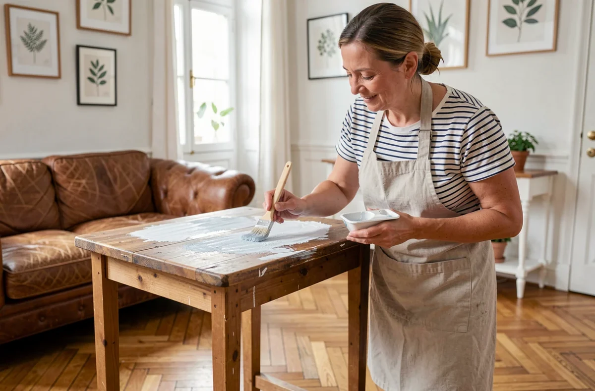Femme qui repeint une table basse en bois avec de la peinture craie dans un salon cosy style appartement parisien, projet DIY fait maison rapide