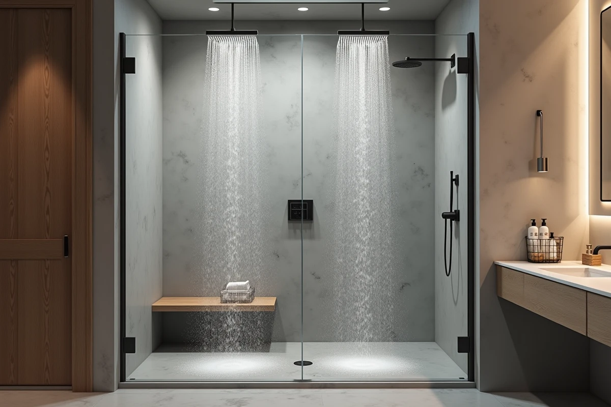 Douche italienne moderne avec pluie d'eau illustrant la consommation d'eau d'une douche quotidienne