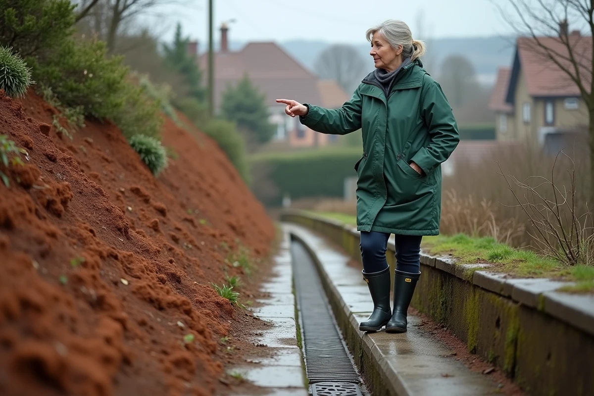Femme inspectant un système de drainage de surface en béton dans un jardin en pente autour d'une maison