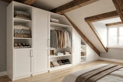 Dressing sous pente aménagé avec des meubles blancs sur mesure intégrés dans les combles d'une chambre style scandinave