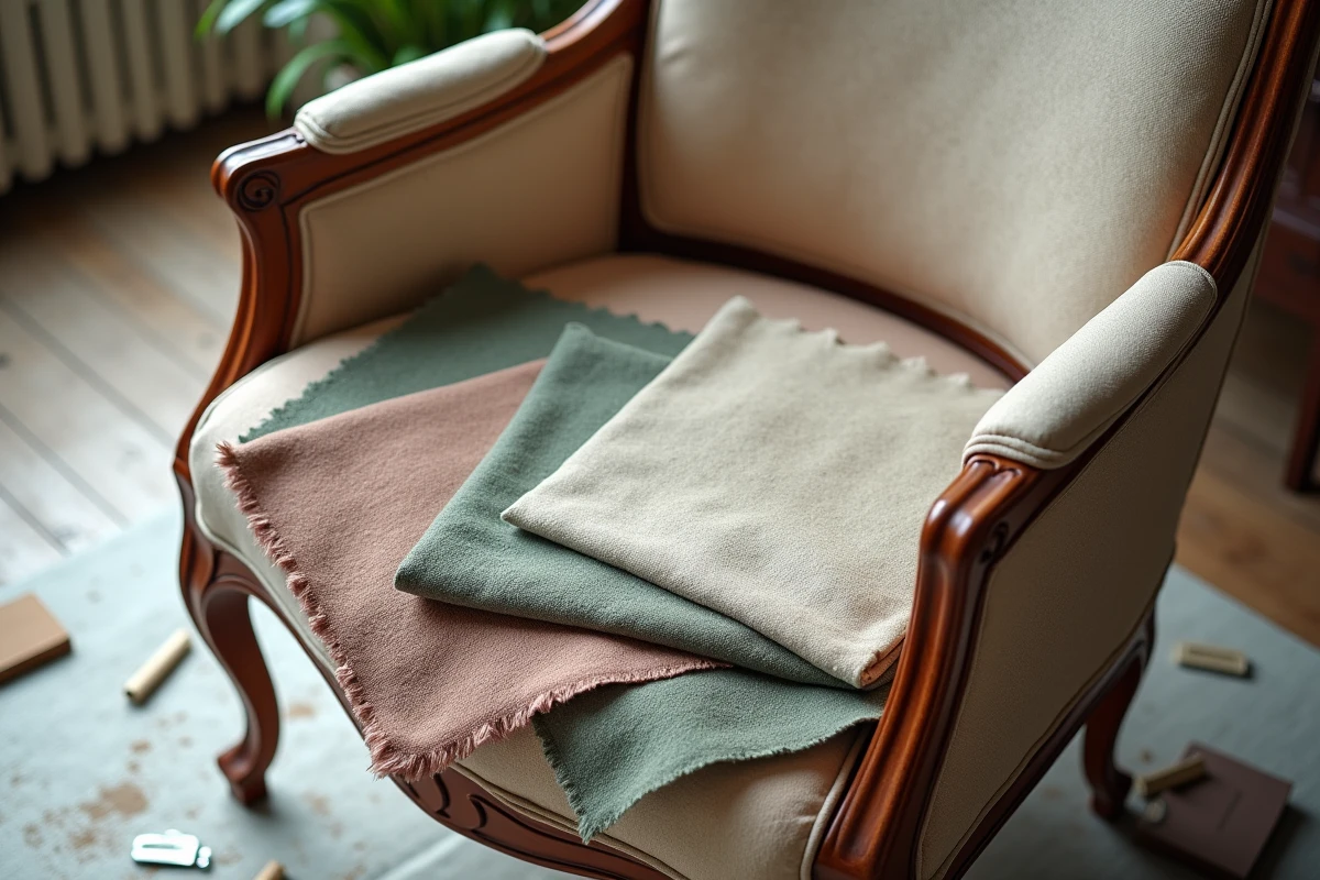 Échantillons de tissus de retapissage disposés sur un fauteuil Voltaire partiellement dégarnì, incluant velours, toile de Jouy et laine houndstooth