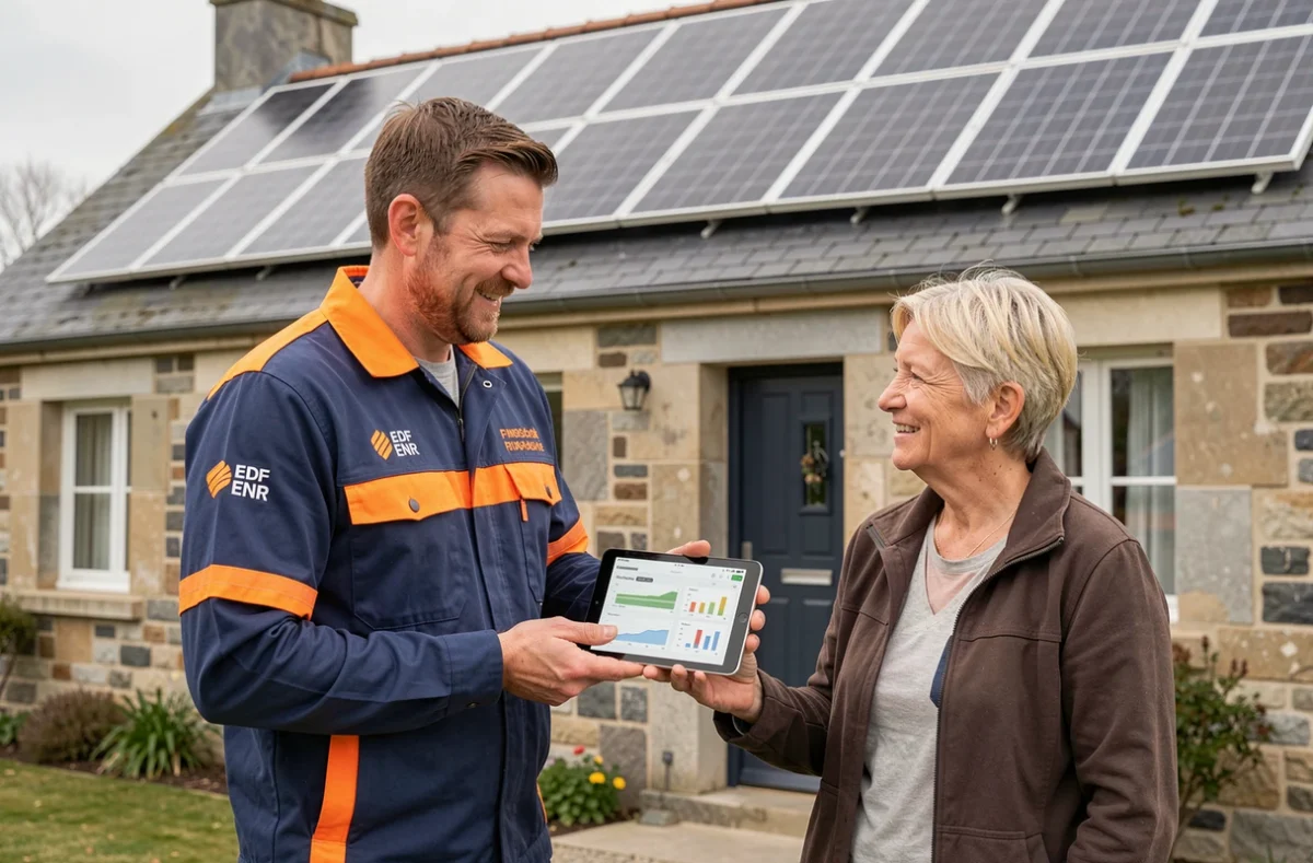 Technicien EDF ENR présentant un bilan énergétique à une propriétaire devant sa maison avec panneaux solaires en Bretagne