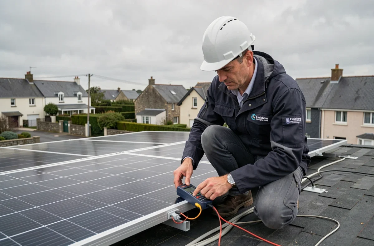 Technicien d'Efficience Énergies vérifiant l'installation de panneaux solaires sur un toit breton