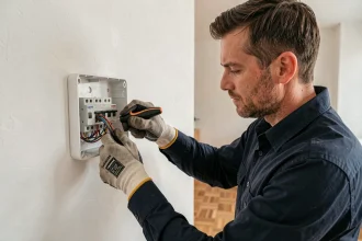 Électricien connectant les fils d'un interrupteur double va-et-vient Legrand sur un mur blanc dans un appartement moderne