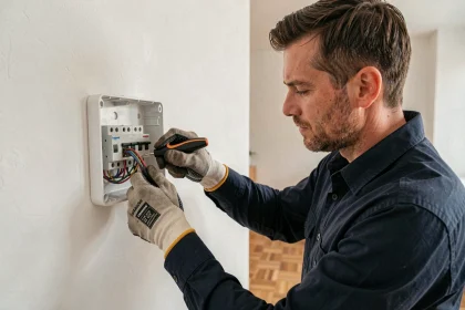 Électricien connectant les fils d'un interrupteur double va-et-vient Legrand sur un mur blanc dans un appartement moderne