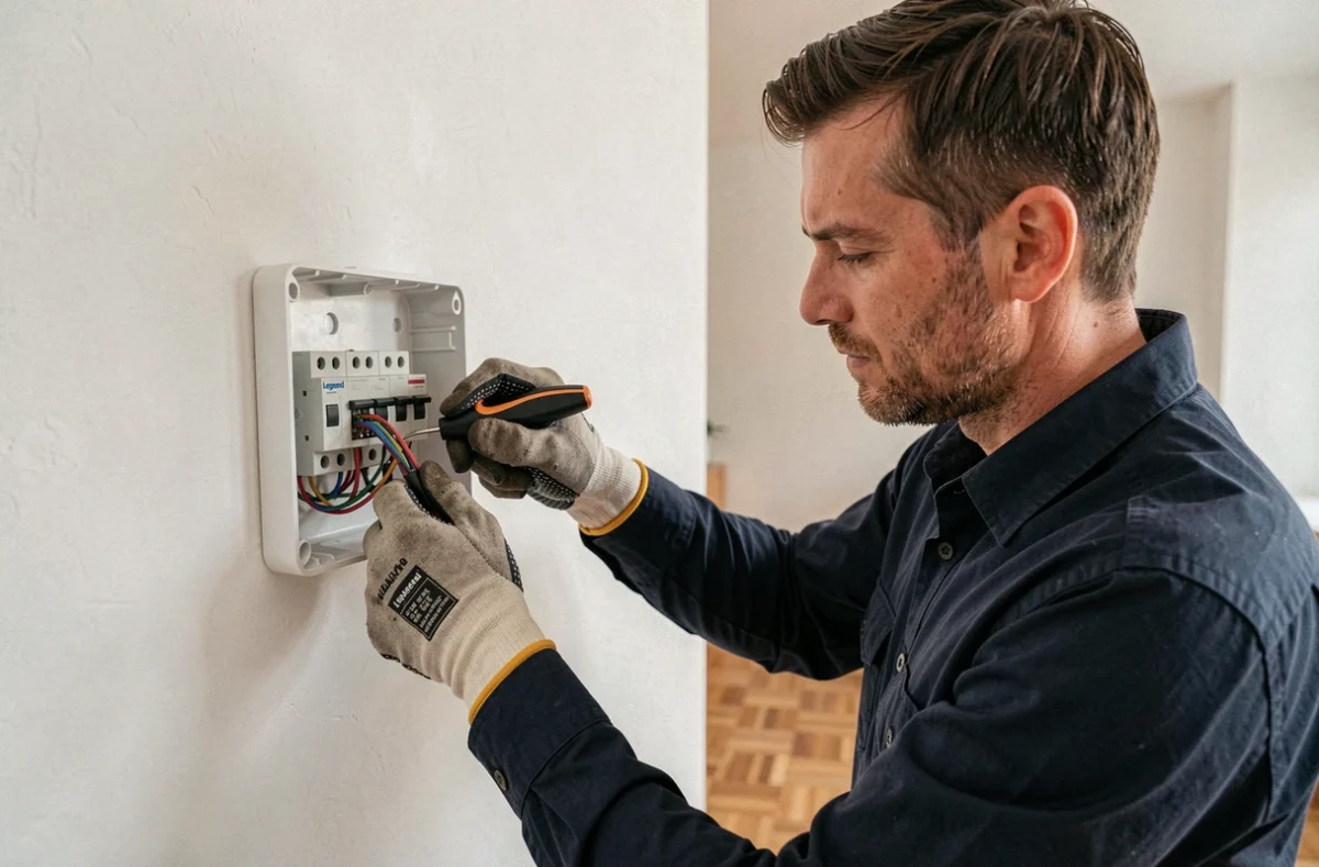 Électricien connectant les fils d'un interrupteur double va-et-vient Legrand sur un mur blanc dans un appartement moderne