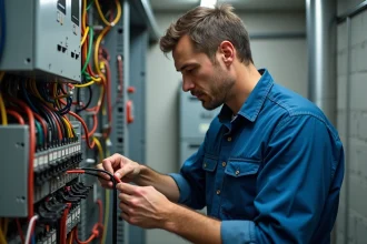Électricien professionnel examine câbles électriques complexes