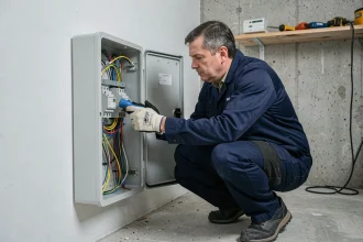 Électricien inspectant un tableau électrique résidentiel pour vérifier la conformité des câbles