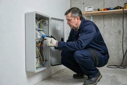 Électricien inspectant un tableau électrique résidentiel pour vérifier la conformité des câbles