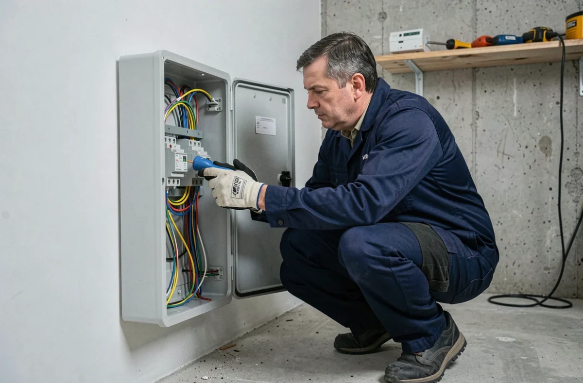 Électricien inspectant un tableau électrique résidentiel pour vérifier la conformité des câbles