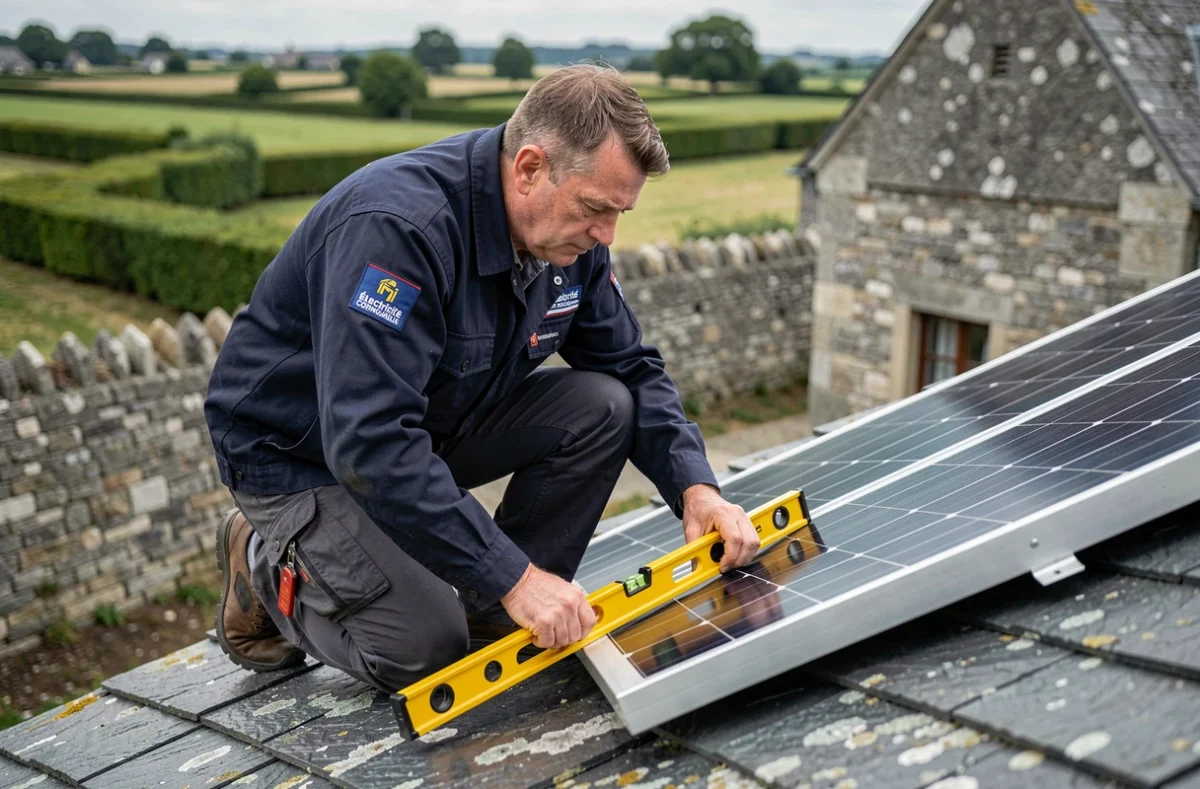 Technicien d'Électricité Cornouaille alignant un panneau solaire sur un toit en ardoise dans la région de Quimper