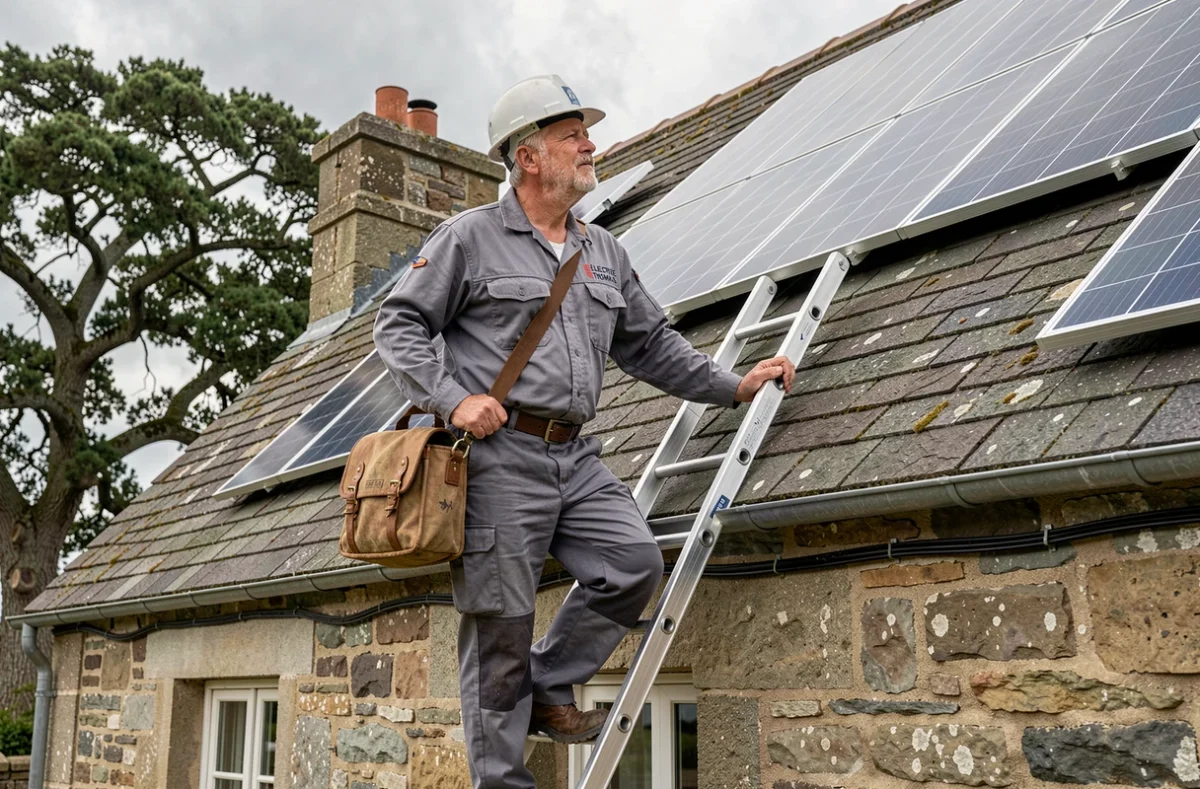 Électricien d'Électricité Thomas grimpant une échelle vers des panneaux solaires installés sur une maison en pierre du Finistère