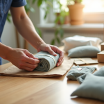 Mains enveloppant un petit objet avec tissu recyclé et matériaux durables