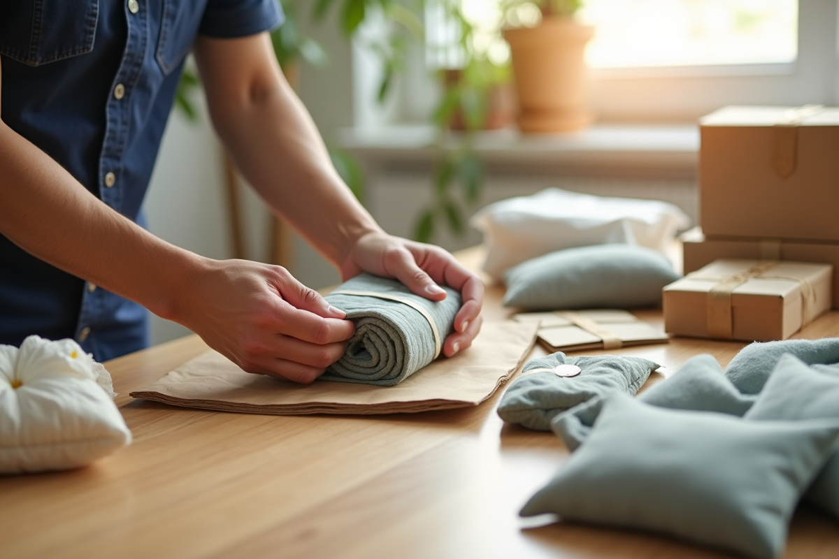 Mains enveloppant un petit objet avec tissu recyclé et matériaux durables