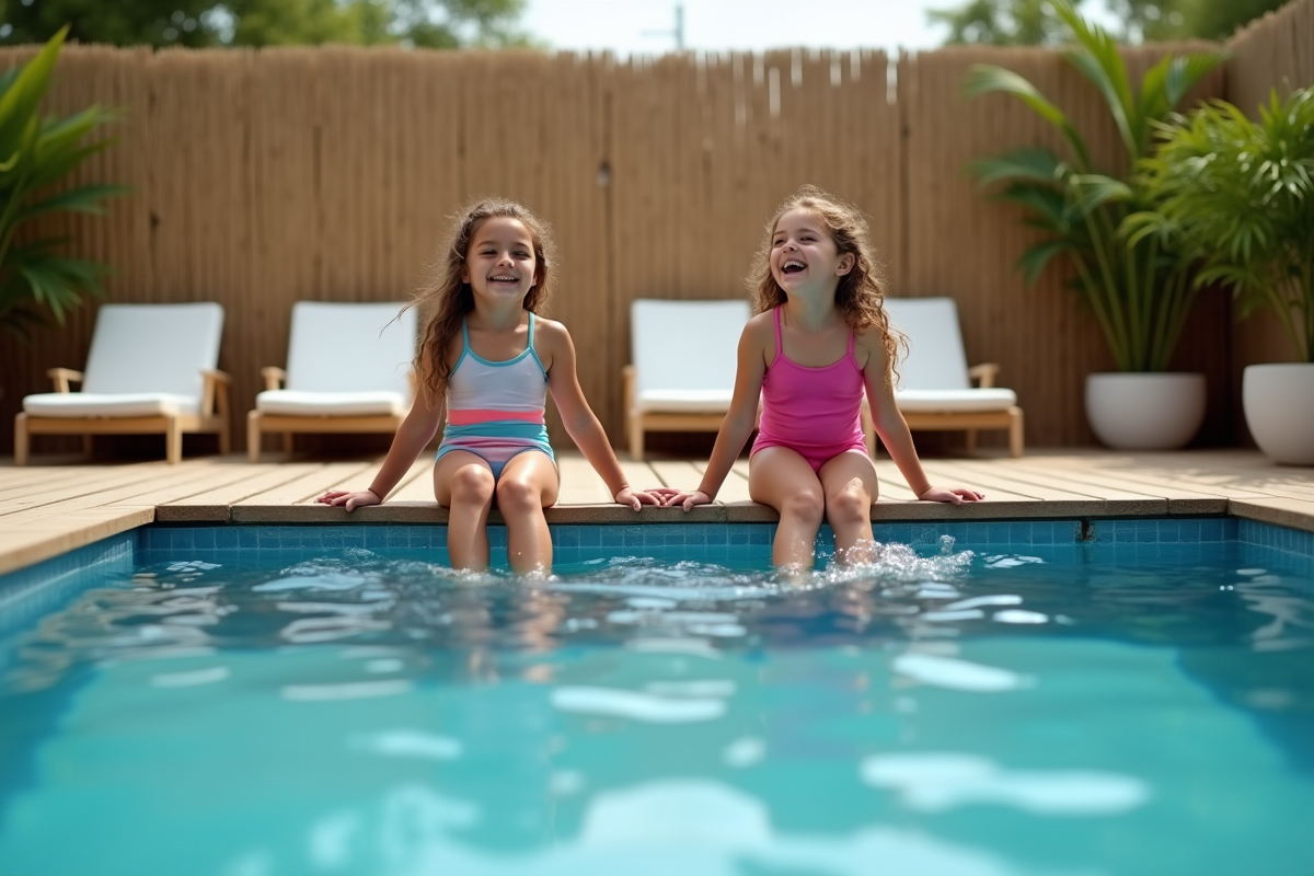 Enfants jouant dans la piscine en été
