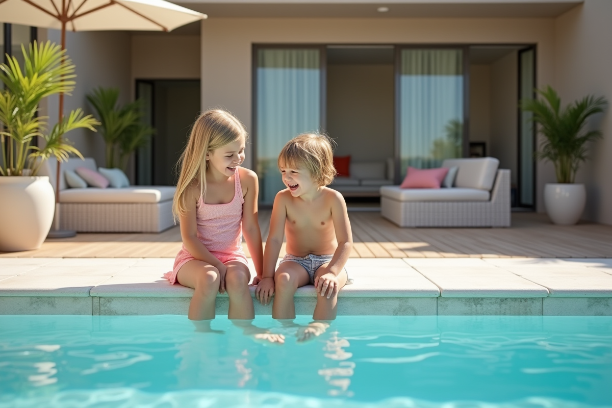 Deux enfants riant dans la piscine en terrasse ensoleillée