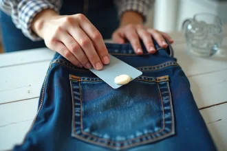 Mains féminines retirant un chewing-gum sur un jean en denim indigo avec une carte plastique sur une table de cuisine blanche