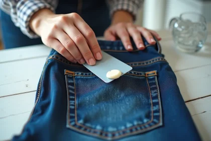 Mains féminines retirant un chewing-gum sur un jean en denim indigo avec une carte plastique sur une table de cuisine blanche