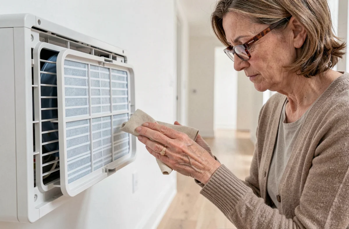 Femme effectuant l'entretien du filtre d'une pompe à chaleur air-air Hitachi dans un couloir intérieur