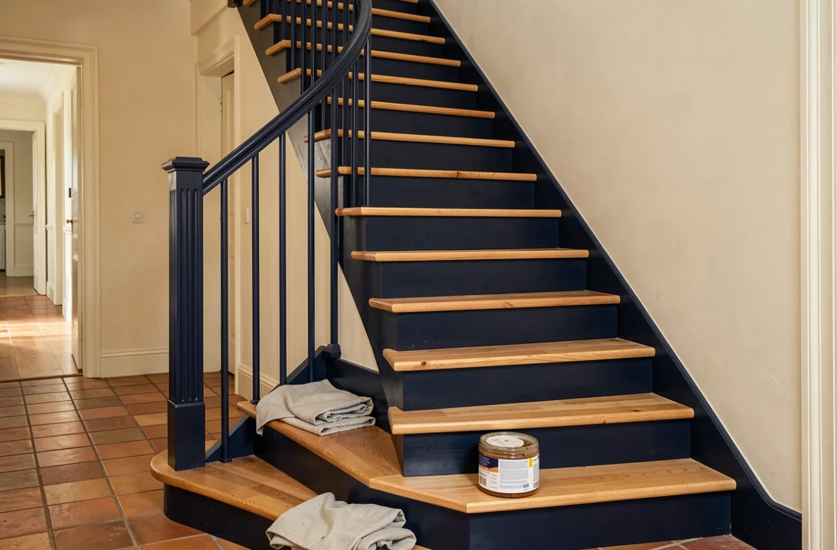 Escalier en bois rénové avec des contremarches peintes en bleu marine et des marches en bois naturel verni, dans une maison de ville française