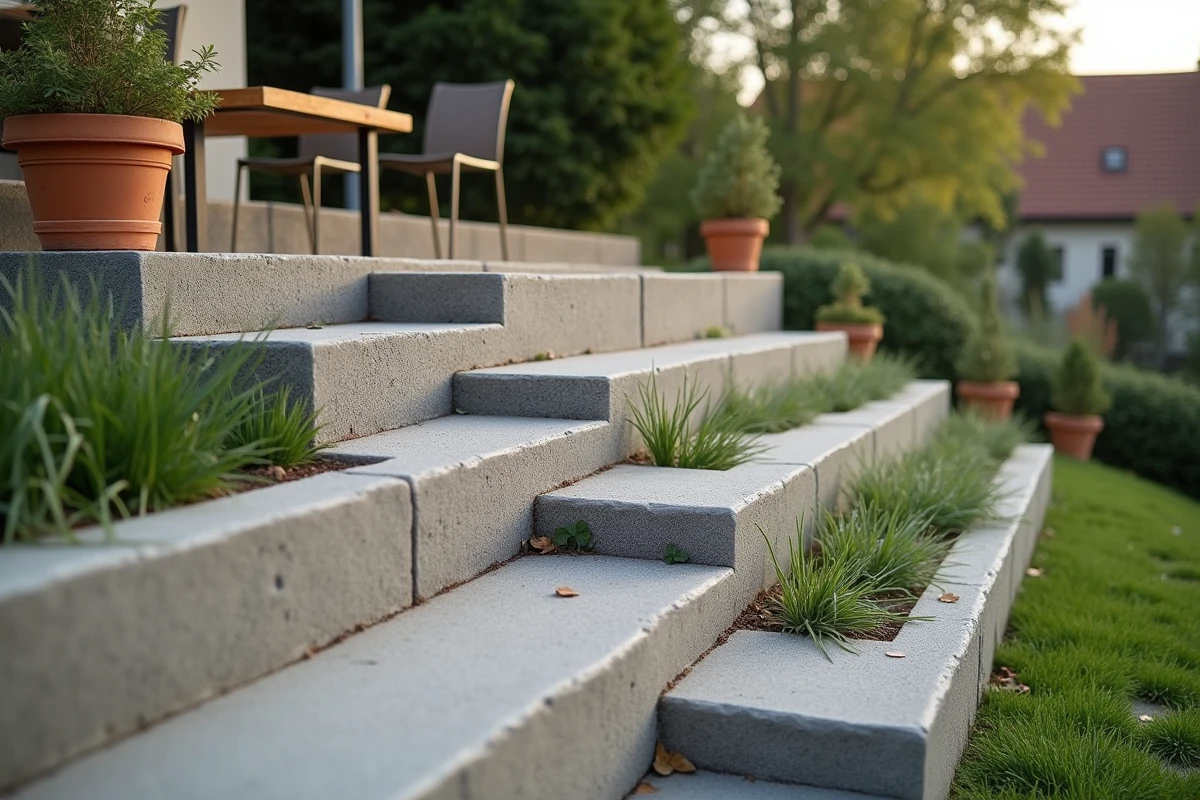 Escaliers en béton intégrés dans une terrasse étagée sur jardin en pente avec mobilier de jardin