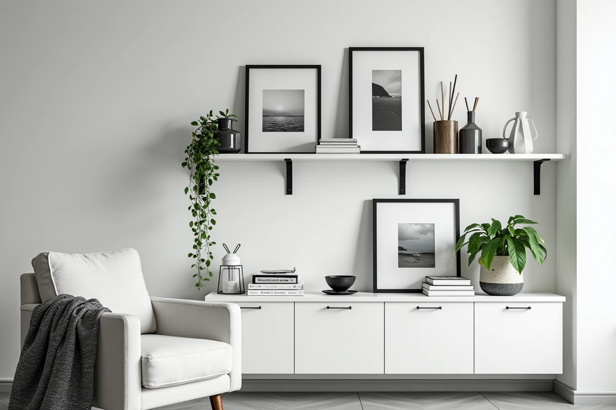 Étagères blanches avec décoration noir et blanc pas cher, cadres photo minimalistes et plante verte dans un salon budget