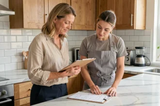 Propriétaire et femme de ménage réalisant un état des lieux dans une cuisine moderne avec un document de vérification