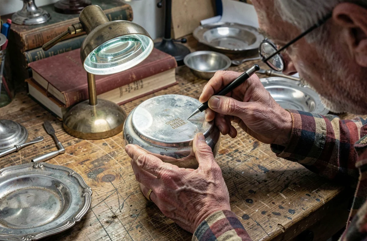Expert brocanteur utilisant une loupe pour identifier un poinçon sur une pièce en métal argenté