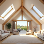 Extension de grenier lumineuse avec poutres en bois et mobilier moderne