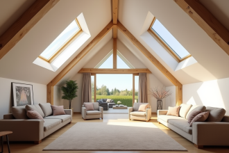 Extension de grenier lumineuse avec poutres en bois et mobilier moderne