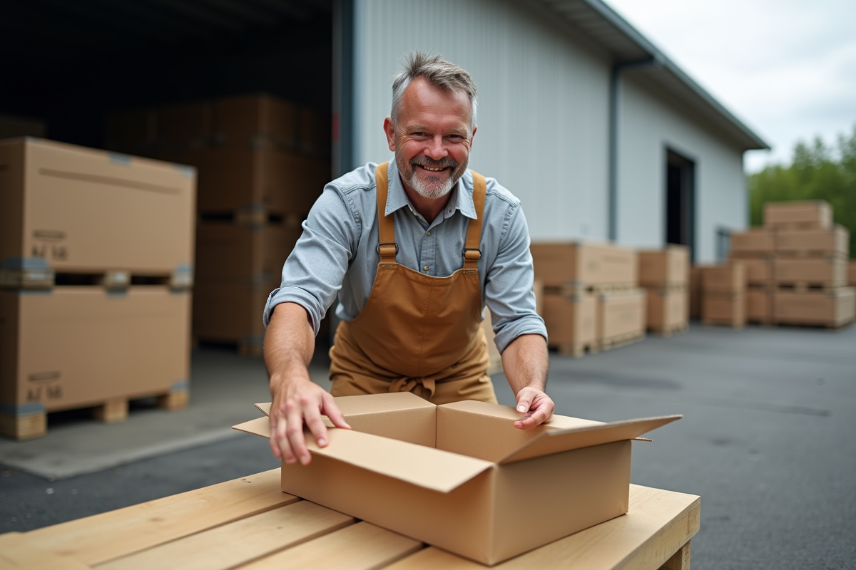 Homme pliant une caisse en carton en extérieur