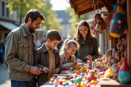 Famille souriante achetant des jouets d'occasion en plein air