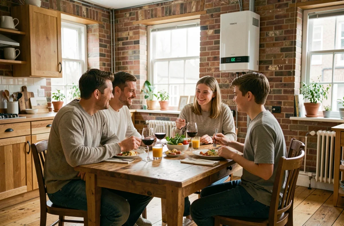 Famille réunie autour d'un repas dans une maison chauffée par une pompe à chaleur air-air Hitachi
