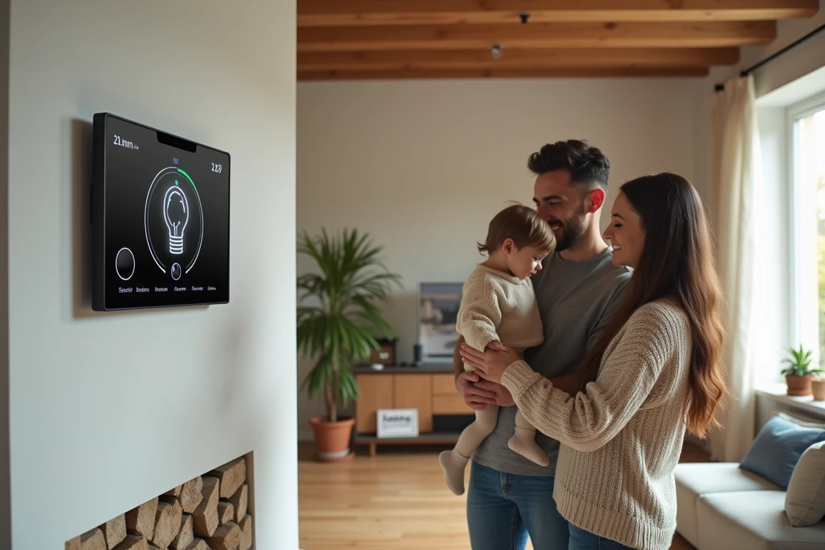 Famille dans salon moderne avec moniteur d energie