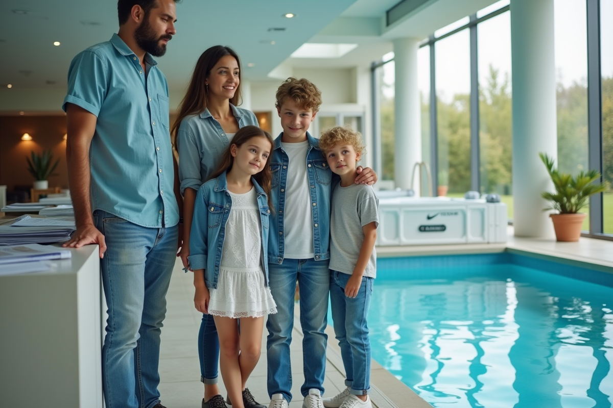 Famille découvrant des modèles de piscines en showroom intérieur