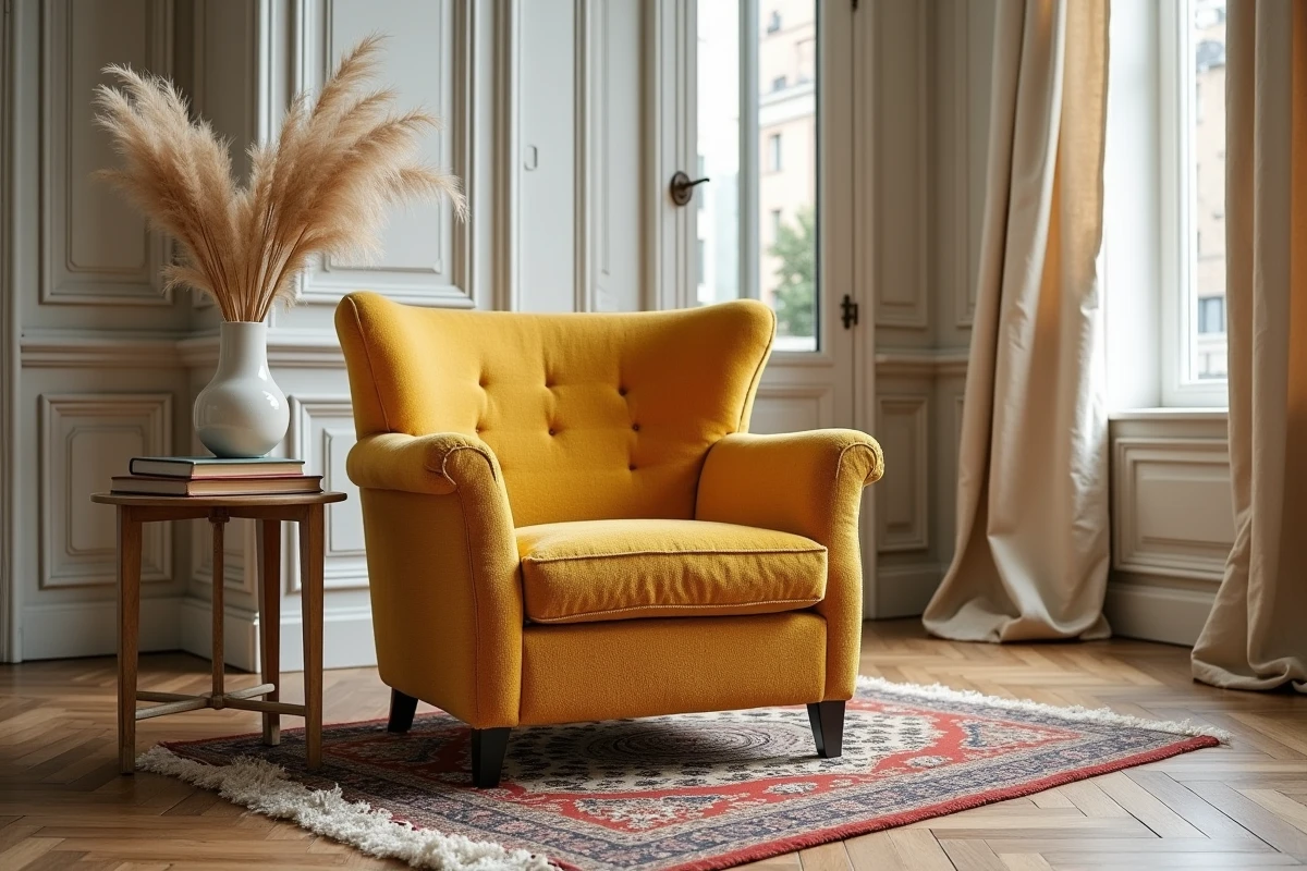 Fauteuil Voltaire retapissé en bouclé moutarde dans un salon classique rénové avec parquet en chevrons et boiseries blanches