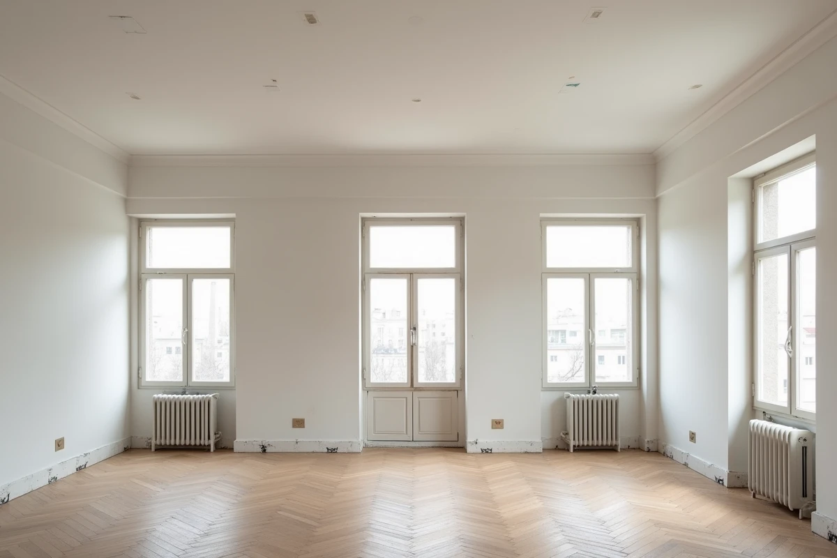 Faux plafond en plaque de plâtre terminé dans un appartement ancien avec parquet en chevrons et hautes fenêtres