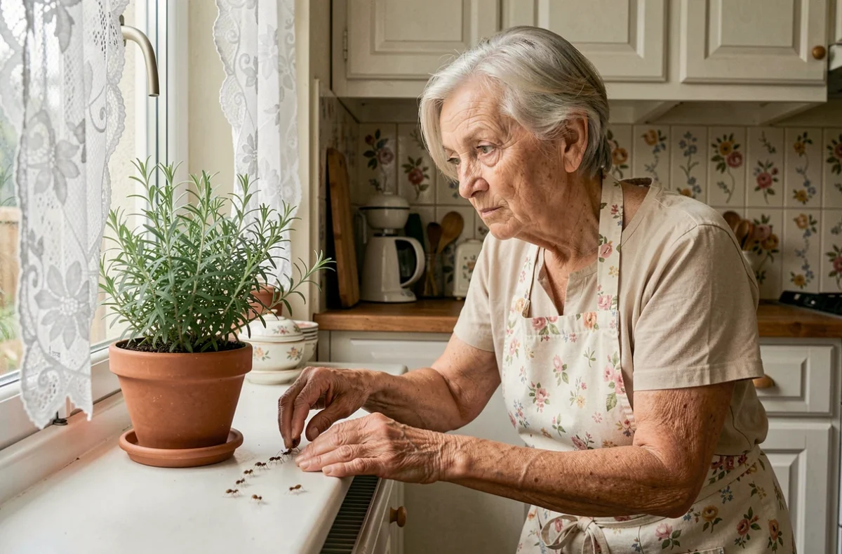 Femme âgée observant des fourmis près d'un rebord de fenêtre dans une cuisine provençale, évoquant les traditions et superstitions autour des fourmis à la maison