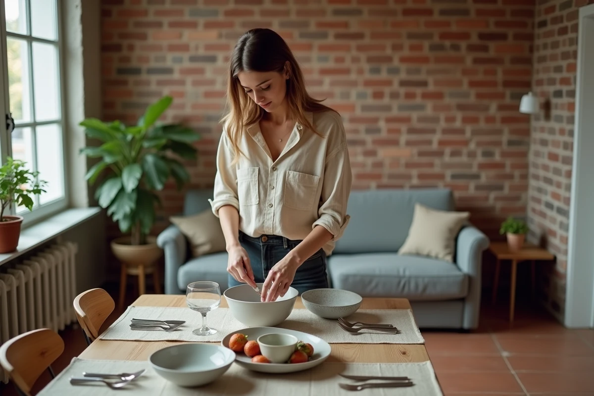 Femme arrangeant une table à manger dans un espace ouvert combiné salon et salle à manger sans cloison avec mur en brique apparente
