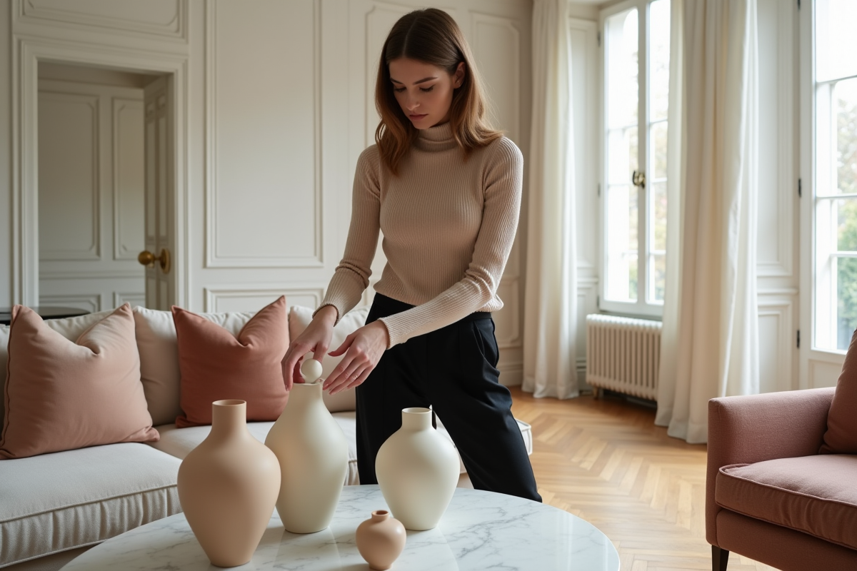 Jeune femme élégante dans un appartement parisien lumineux