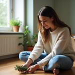 Femme arrangeant de la sauge dans un appartement neuf