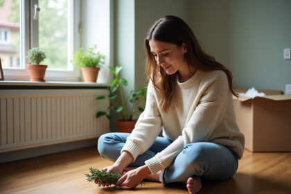 Femme arrangeant de la sauge dans un appartement neuf