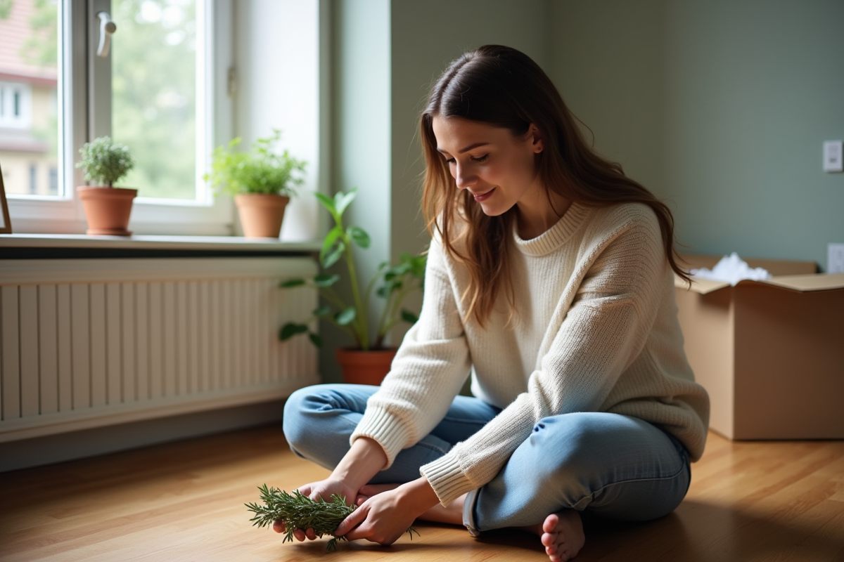 Femme arrangeant de la sauge dans un appartement neuf