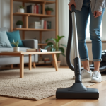Jeune femme aspirant un sol moderne dans un salon organisé