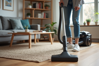 Jeune femme aspirant un sol moderne dans un salon organisé
